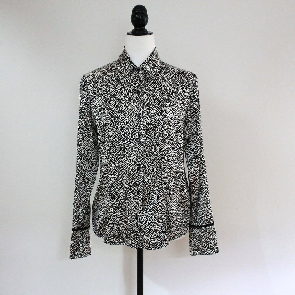 Split wrist silk blouse, vintage b&w silk blouse, black and white size 8